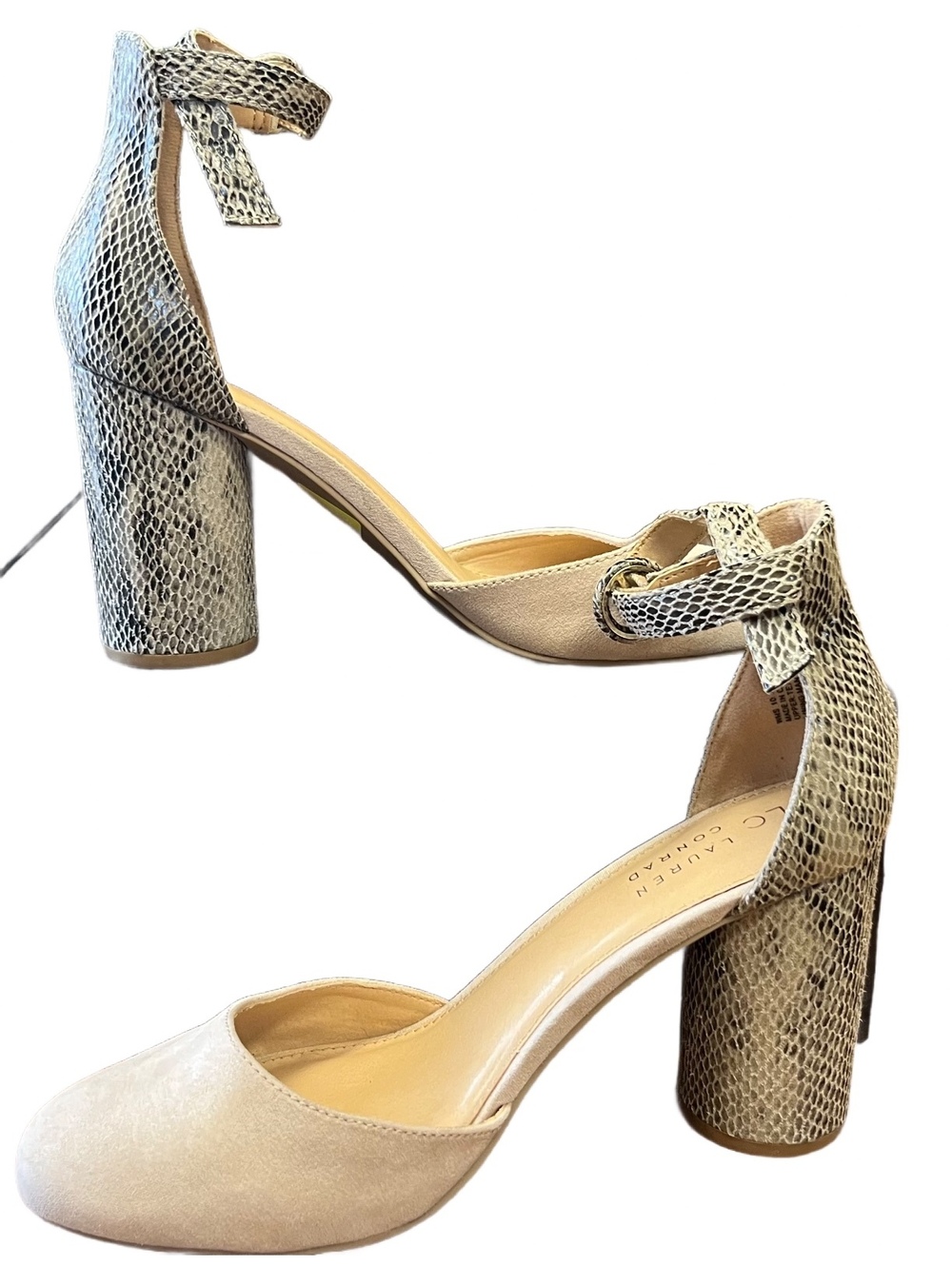 LC Conrad Hydrangea Suede Faux Snakeskin Block Heel Ankle Strap Round Toe Sz. 10